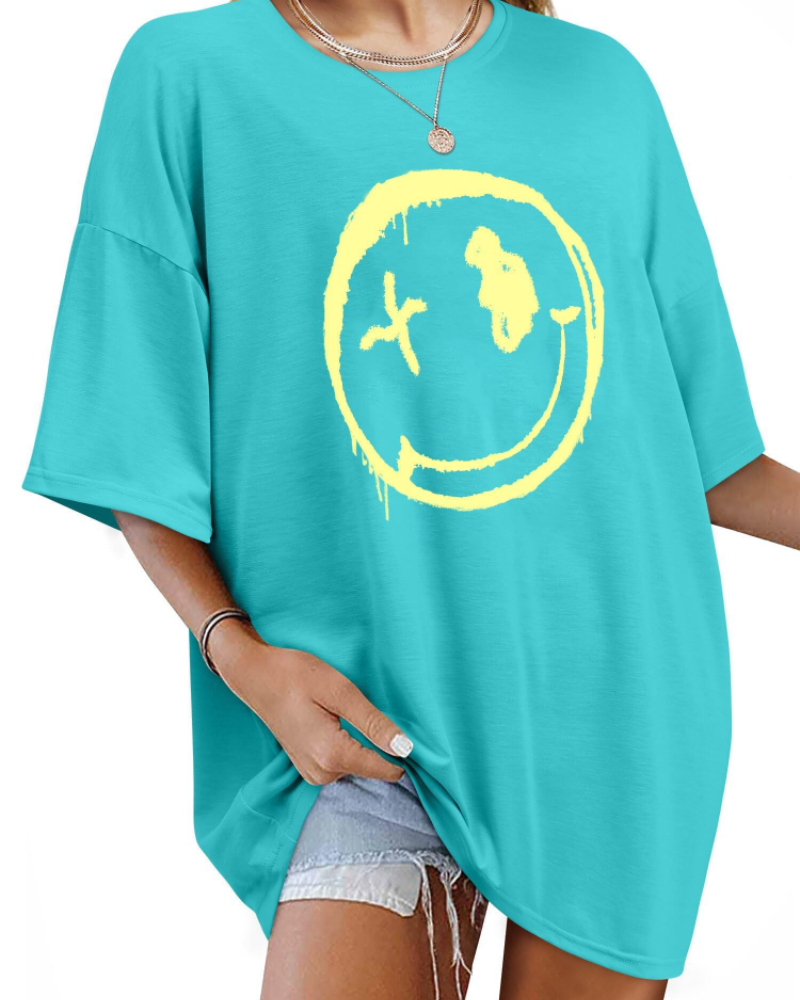 T-shirt Darcy Femme – T-shirt oversize Good Vibes avec imprimé Smiley et manches courtes