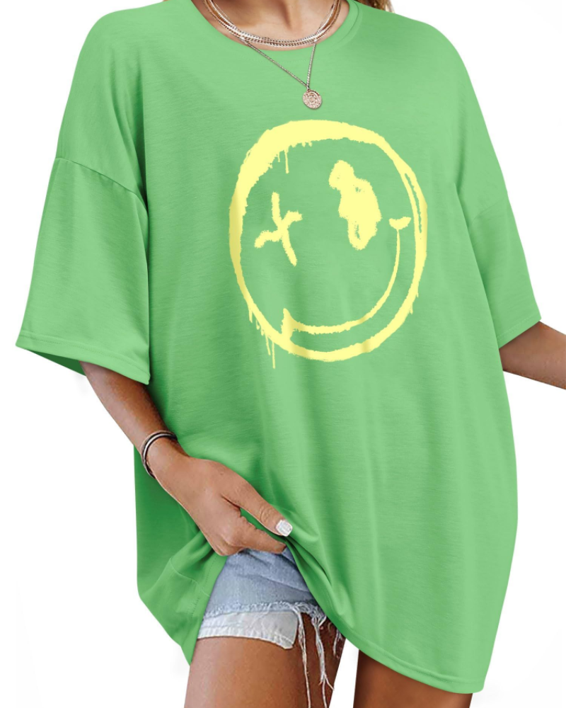 T-shirt Darcy Femme – T-shirt oversize Good Vibes avec imprimé Smiley et manches courtes