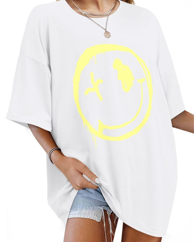 T-shirt Darcy Femme – T-shirt oversize Good Vibes avec imprimé Smiley et manches courtes