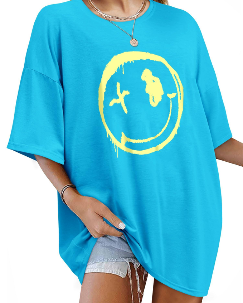 T-shirt Darcy Femme – T-shirt oversize Good Vibes avec imprimé Smiley et manches courtes