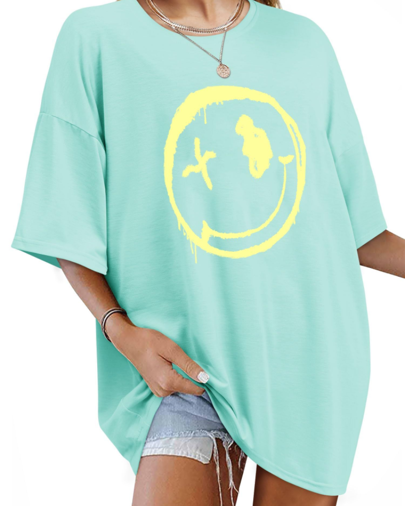 T-shirt Darcy Femme – T-shirt oversize Good Vibes avec imprimé Smiley et manches courtes