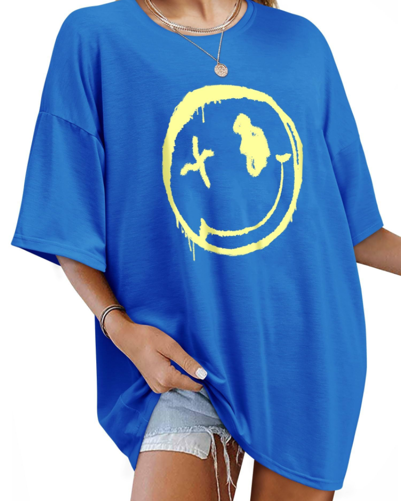 T-shirt Darcy Femme – T-shirt oversize Good Vibes avec imprimé Smiley et manches courtes