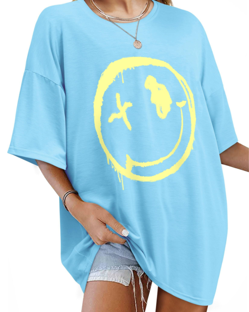 T-shirt Darcy Femme – T-shirt oversize Good Vibes avec imprimé Smiley et manches courtes