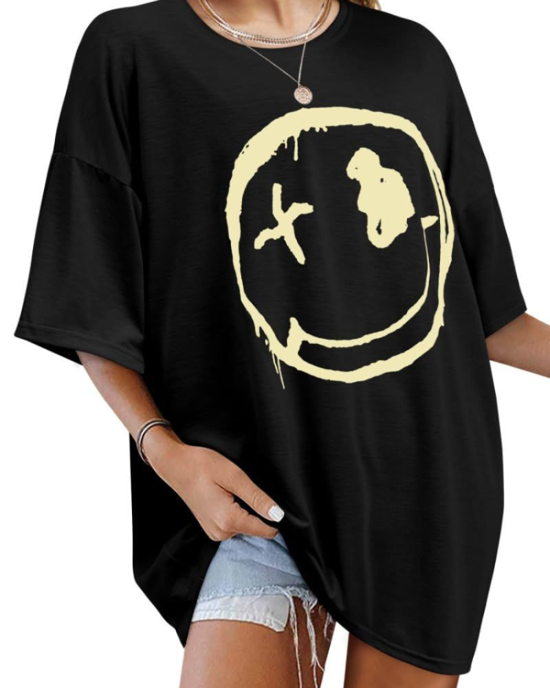 T-shirt Darcy Femme – T-shirt oversize Good Vibes avec imprimé Smiley et manches courtes
