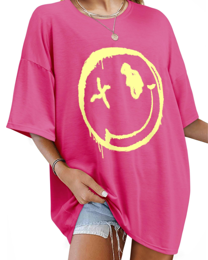 T-shirt Darcy Femme – T-shirt oversize Good Vibes avec imprimé Smiley et manches courtes