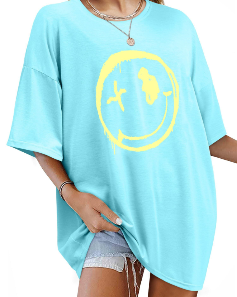 T-shirt Darcy Femme – T-shirt oversize Good Vibes avec imprimé Smiley et manches courtes