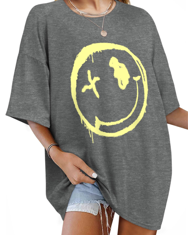 T-shirt Darcy Femme – T-shirt oversize Good Vibes avec imprimé Smiley et manches courtes