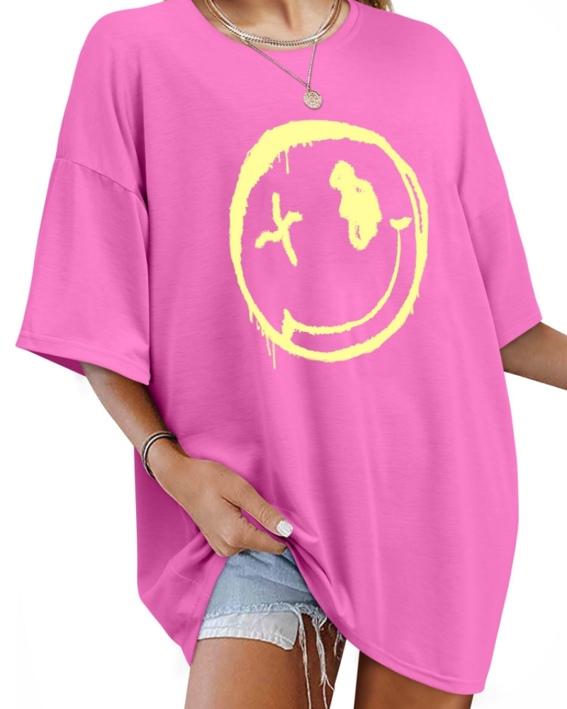 T-shirt Darcy Femme – T-shirt oversize Good Vibes avec imprimé Smiley et manches courtes