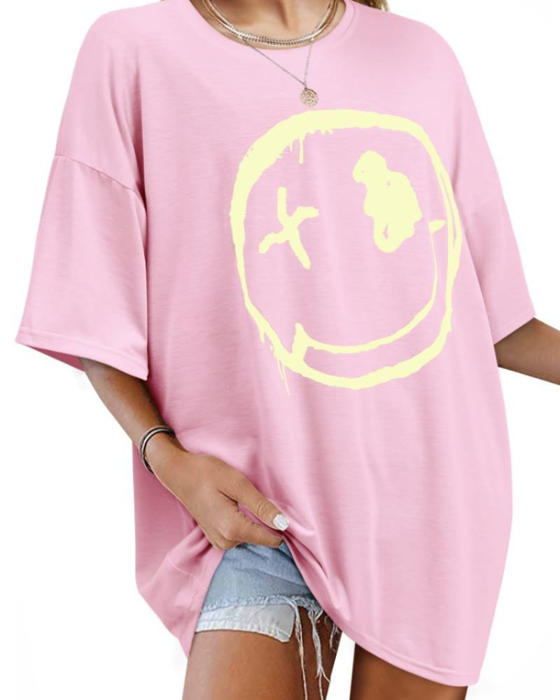 T-shirt Darcy Femme – T-shirt oversize Good Vibes avec imprimé Smiley et manches courtes