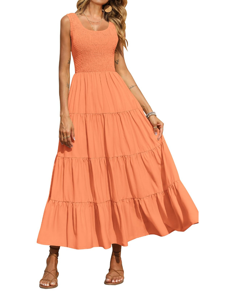 Sophie Abito Donna – Vestito Maxi Smock Senza Maniche con Vita Alta & Gonna a Balze