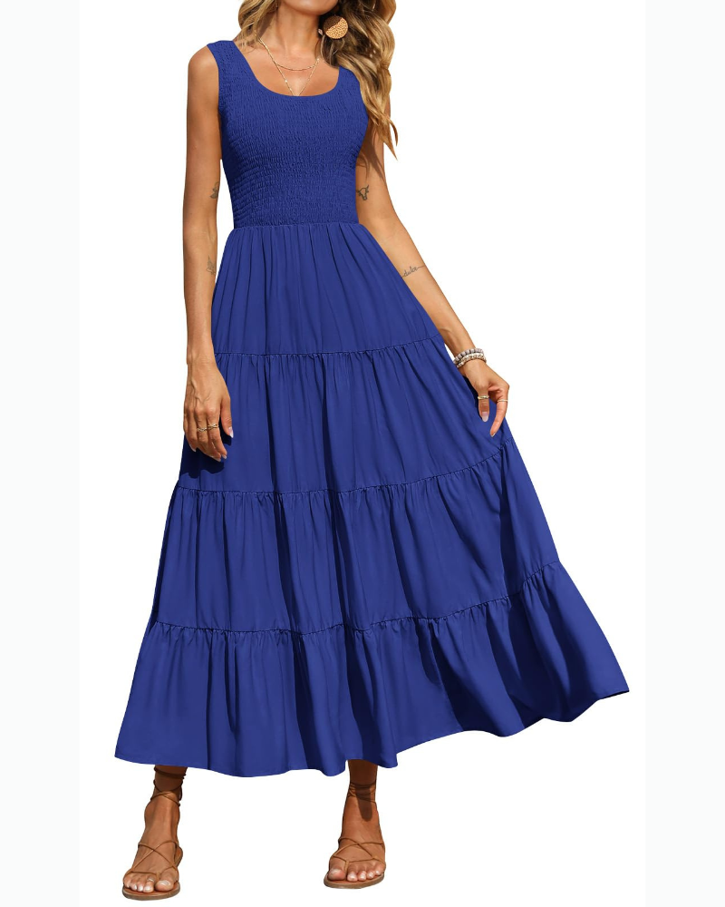 Sophie Abito Femme – Robe Maxi Smock Sans Manches avec Taille Haute & Jupe à Volants