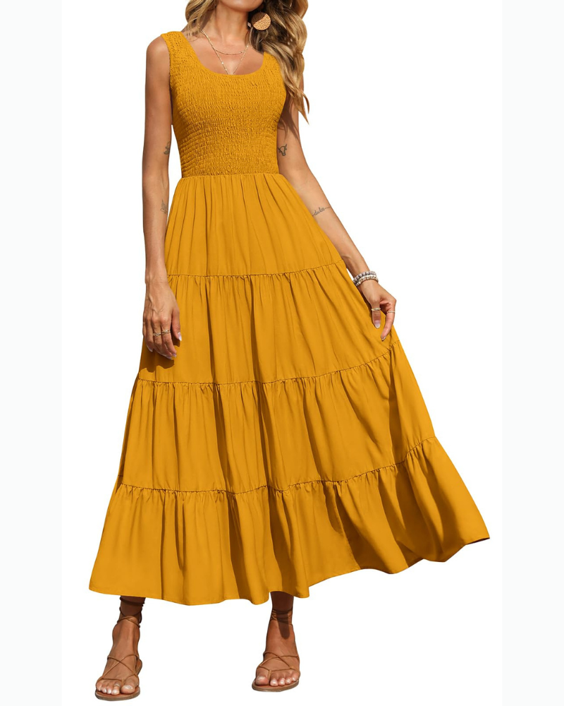 Sophie Abito Donna – Vestito Maxi Smock Senza Maniche con Vita Alta & Gonna a Balze
