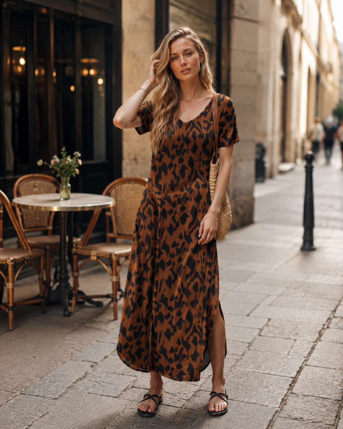 Paige Abito Donna – Maxi sommerkjole med V-hals, korte ermer og sidesplitter