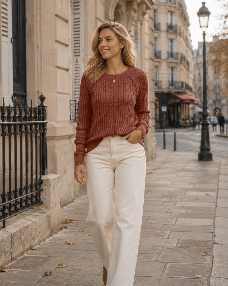 Jersey de mujer Adelaide de canalé – Cuello redondo, mangas largas y botones en los hombros