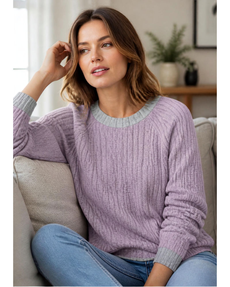 Jersey ligero de mujer Lacey – Cuello redondo, mangas largas y detalles en contraste