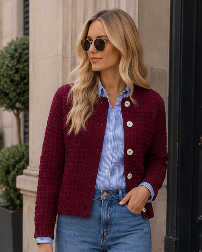 Bronte Women's Cotton Cardigan – Textured Knit, Crew Neck and Front Buttons