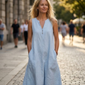 Chiara Robe Longue en Lin pour Femme – Robe d'Été Décontractée avec Poches et Fente
