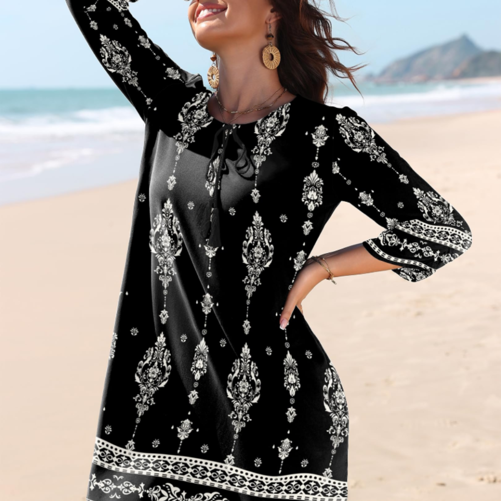 Victoria Women's Tunic Dress – Boho Floral Dress with 3/4 Sleeves and Tassels