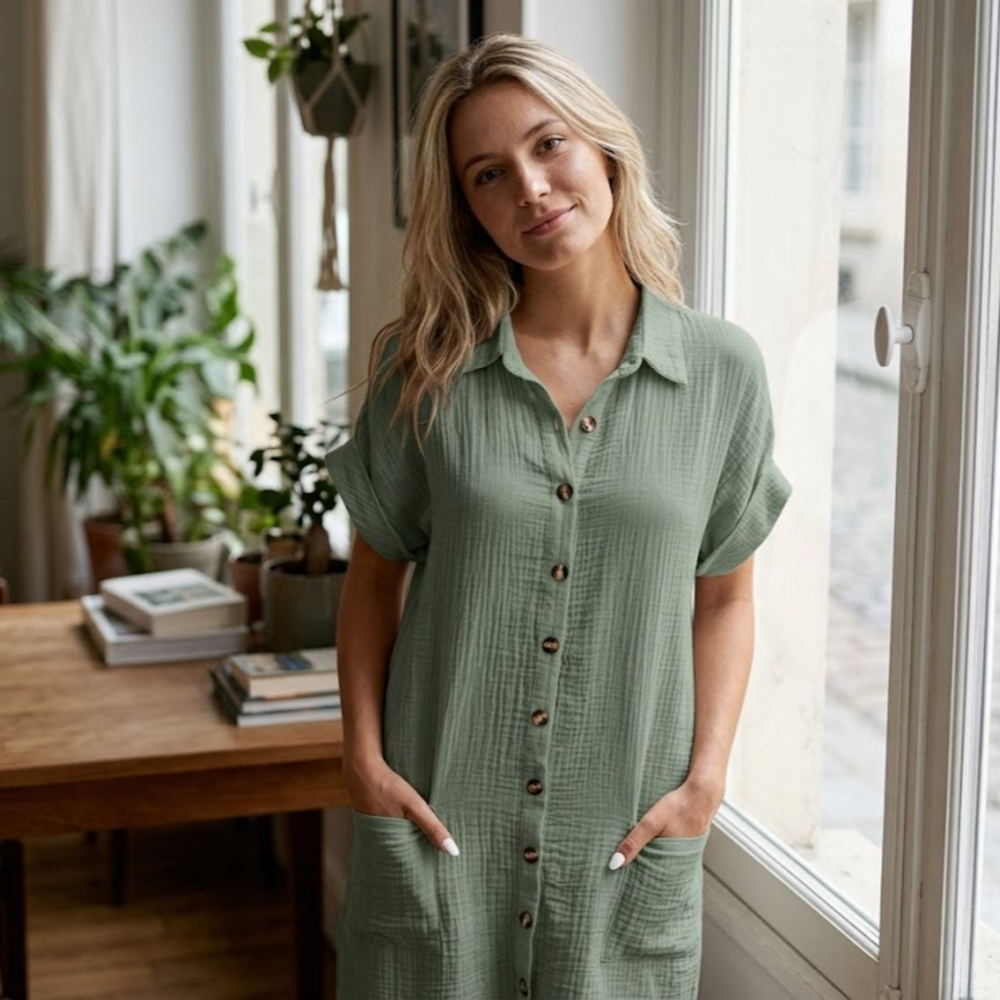 Mia Abito in Mussola Donna – Vestito Midi Estivo con Scollo a V e Bottoni