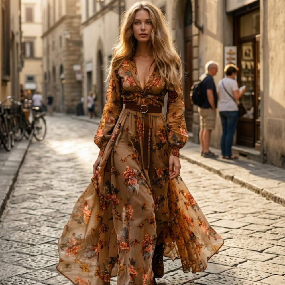 Luna Vestido Mujer – Vestido Largo Bohemio Floral, Escote en V, Mangas Largas, Elegante