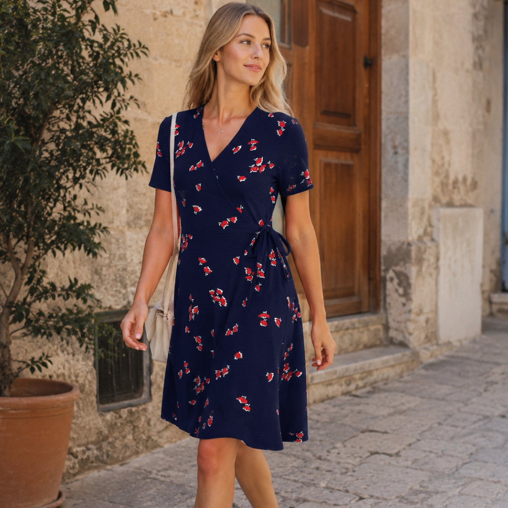 Tabitha Robe Femme Portefeuille à Pois – Robe Courte Col V, Jersey Élastique Élégant