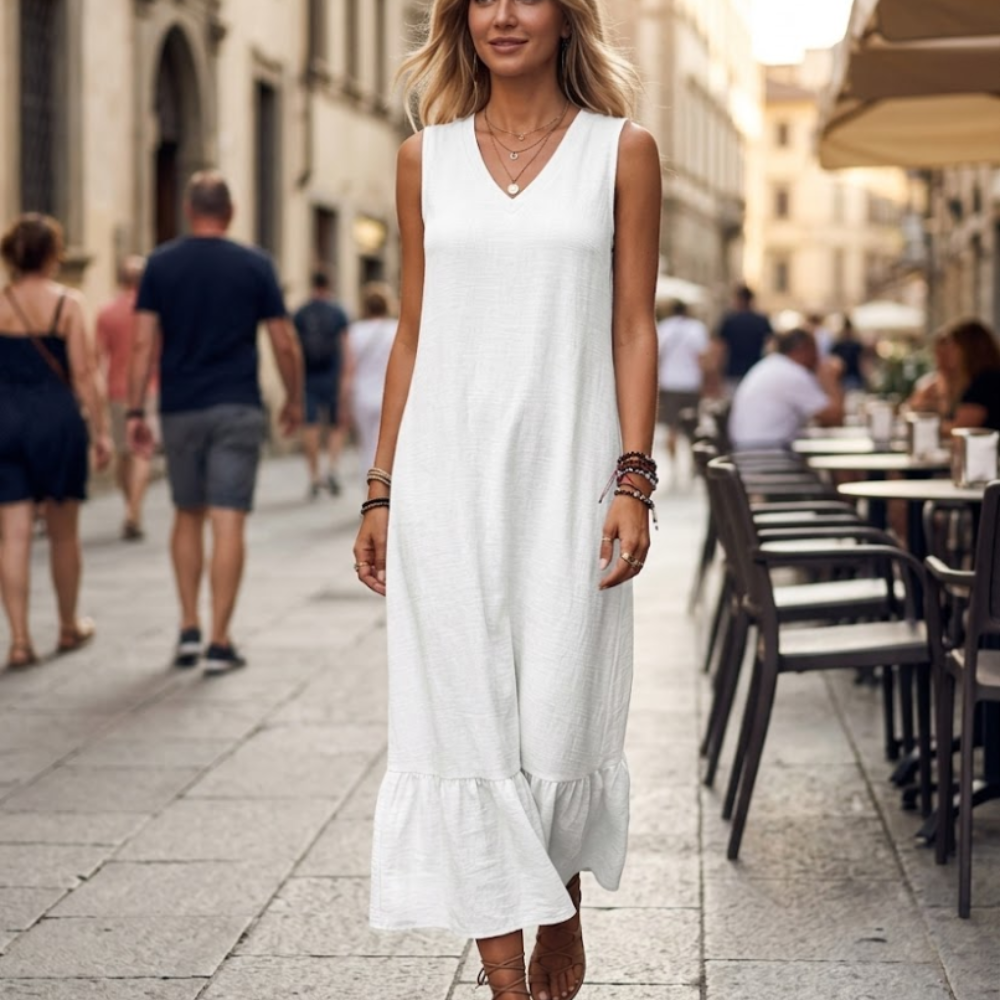 Marta Robe Femme – Robe Longue en Lin, Col V, Poches, Décontractée d'Été