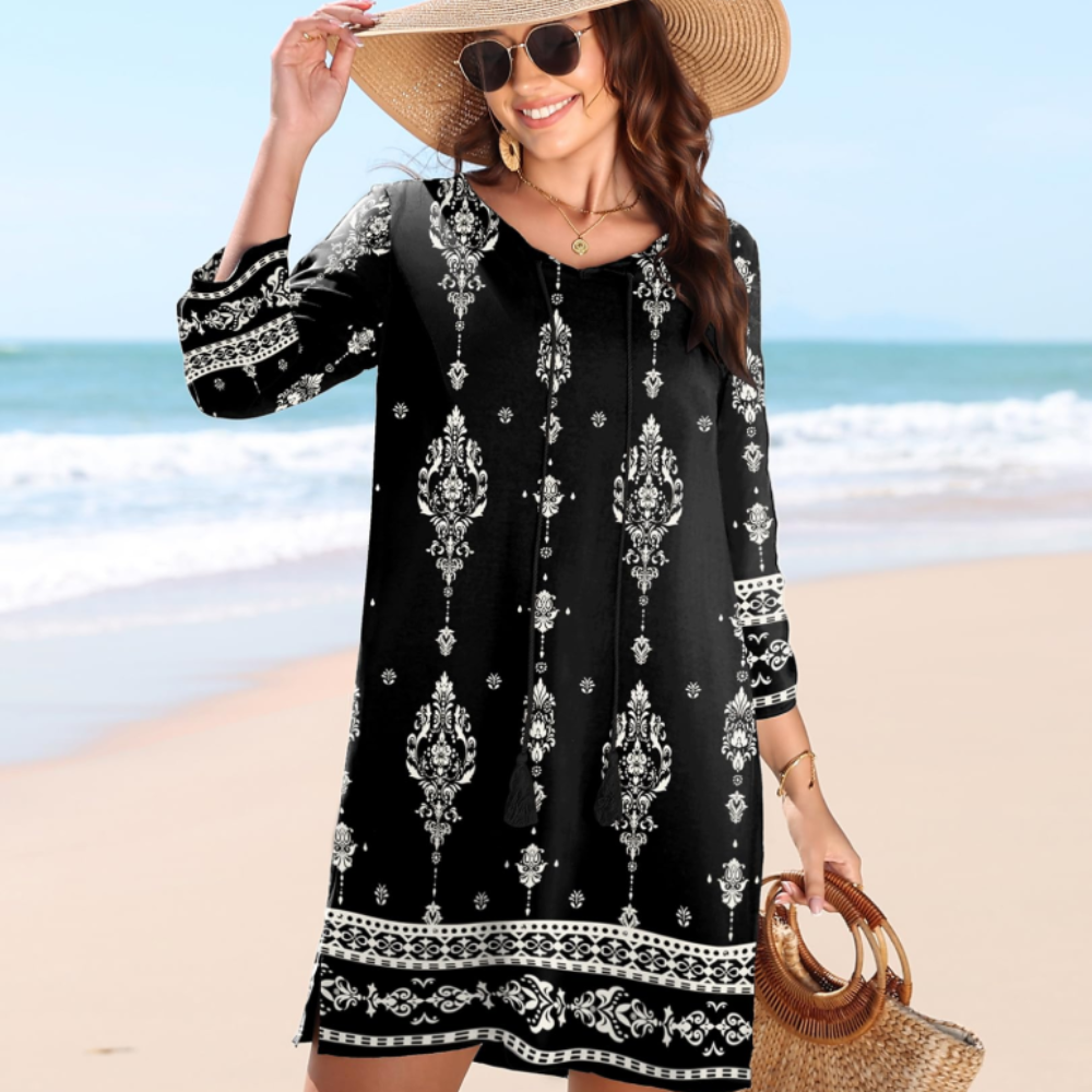 Victoria Abito Tunica Donna – Vestito Boho Floreale con Maniche 3/4 e Nappine