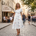 Hannah Abito Midi Femme – Robe A-Line avec Manches Bouffantes, Plis et Poches