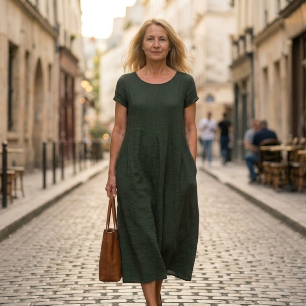 Nora Abito Lungo Donna – Vestito Estivo Boho con Girocollo, Maniche Corte e Tasche