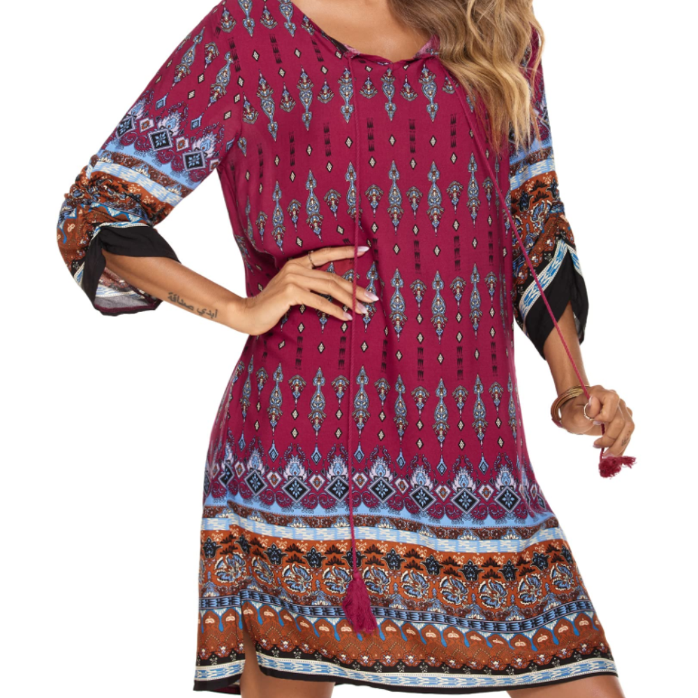 Victoria Abito Tunica Donna – Vestito Boho Floreale con Maniche 3/4 e Nappine