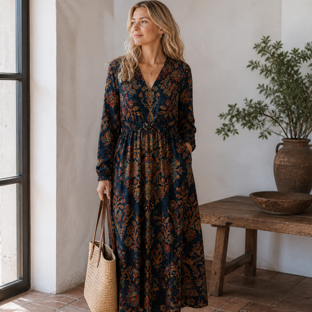 Vestido Maris para Mujer de Lino Vintage – Vestido Midi con Estampado Geométrico, Ligero y Elegante
