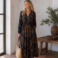 Vestido Maris para Mujer de Lino Vintage – Vestido Midi con Estampado Geométrico, Ligero y Elegante