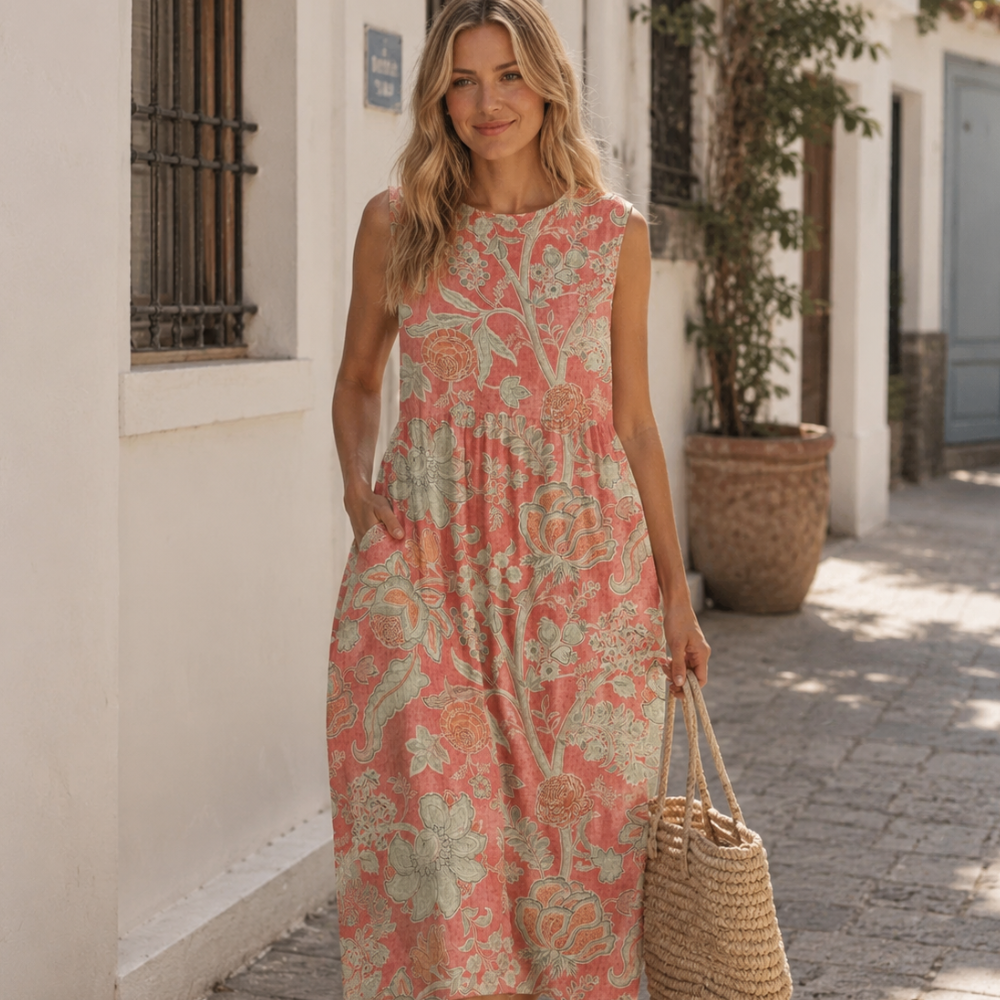 Giulia Robe Femme Midi Coton Lin – Robe Florale Col V Poches Été