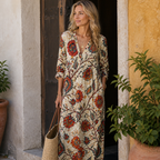 Robe en lin vintage Mariah pour femme – Robe midi à imprimé géométrique, légère élégante