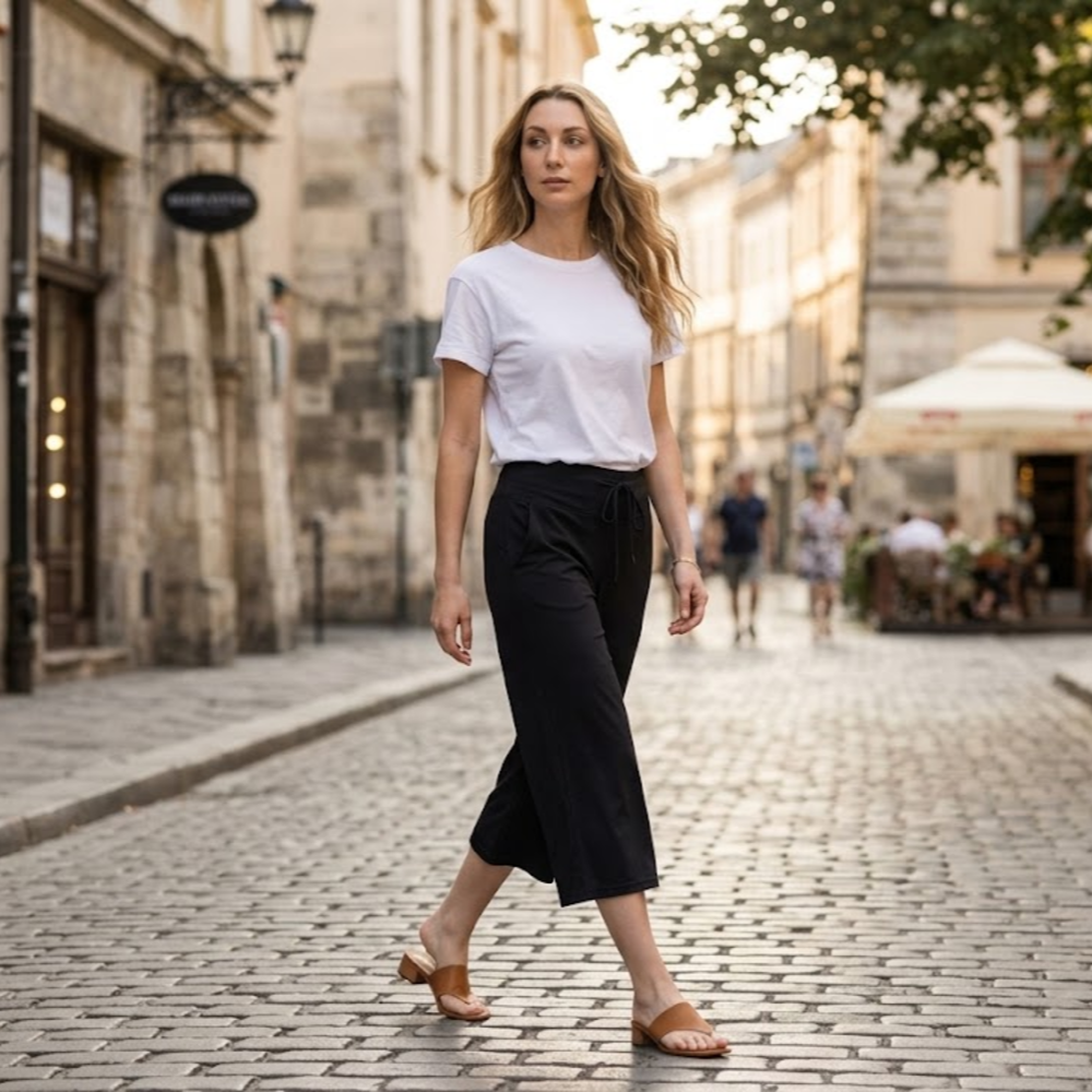 Aria Pantaloni Capri Donna – Modello Palazzo a Vita Alta con Coulisse e Tasche