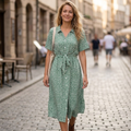 Wena Women's Summer Dress – Floral Midi Dress with V-Neck, Belt, and Slit