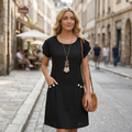 Serenity Robe en Lin Femme – Robe Midi A-Line avec Col Rond et Poches