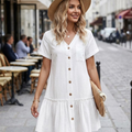 Lorenza Robe Femme – Robe en Lin Coton, Boutons, Volants, Décontractée Élégante