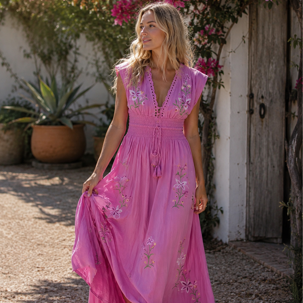 Robe bohème brodée Elena pour femme – Robe d'été taille marquée, élégante chic décontracté
