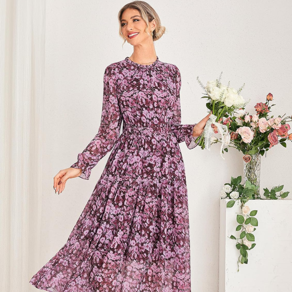 Chiara Robe Femme Maxi en Chiffon – Robe Florale à Manches Longues Élégante
