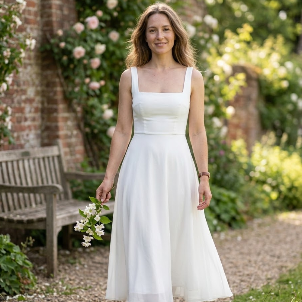 Sussie Vestido Mujer Midi Elegante – Vestido Escote Cuadrado, Ceremonia Chic