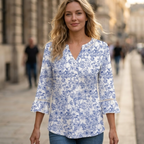 Alessia Túnica Mujer – Escote en V, Mangas 3/4, Dobladillo Curvo, Blusa Elegante Casual