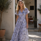 Robe maxi florale Bella pour femme – Robe à col en V manches courtes, fluide estivale
