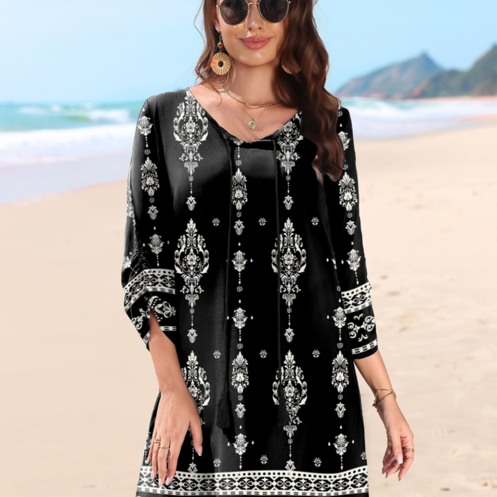 Victoria Women's Tunic Dress – Boho Floral Dress with 3/4 Sleeves and Tassels