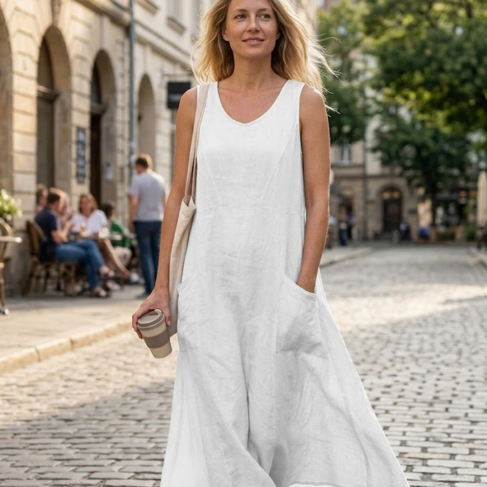 Vestido maxi Valentina de algodón y lino para mujer – vestido boho oversize con bolsillos
