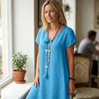 Martina Robe Longue d'Été pour Femme – Robe Décontractée en Lin avec Col en V Oversize