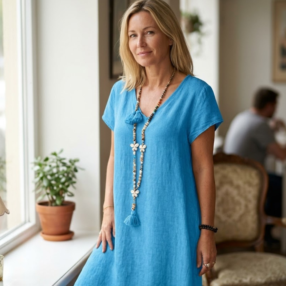 Martina Robe Longue d'Été pour Femme – Robe Décontractée en Lin avec Col en V Oversize