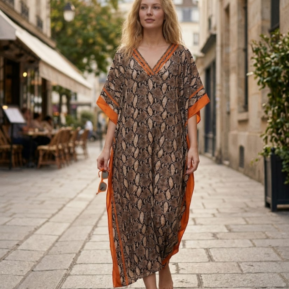 Amina Caftano Femme – Robe Longue Bohème, Imprimé Ethnique, Décolleté en V Profond
