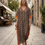 Amina Caftano Femme – Robe Longue Bohème, Imprimé Ethnique, Décolleté en V Profond