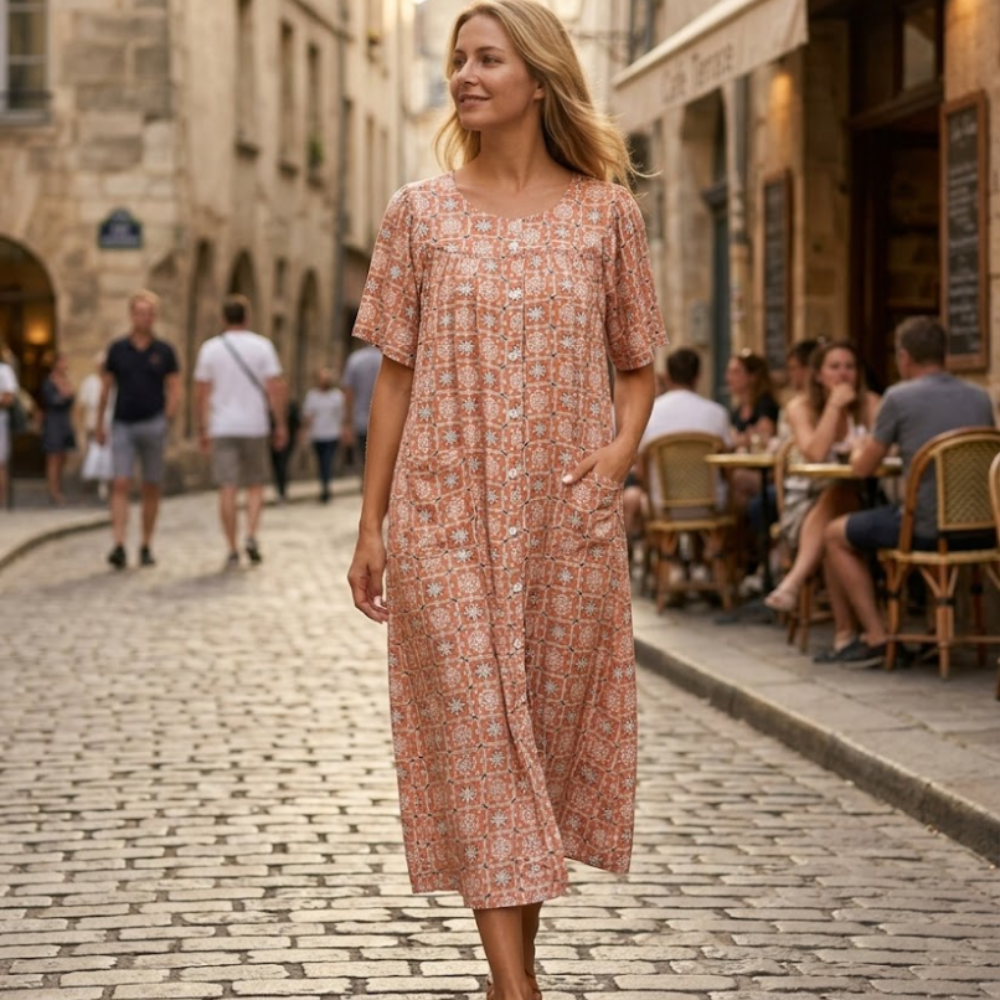 Marta Robe Maison Femme – Robe Confortable en Coton, Boutons et Poches Relax